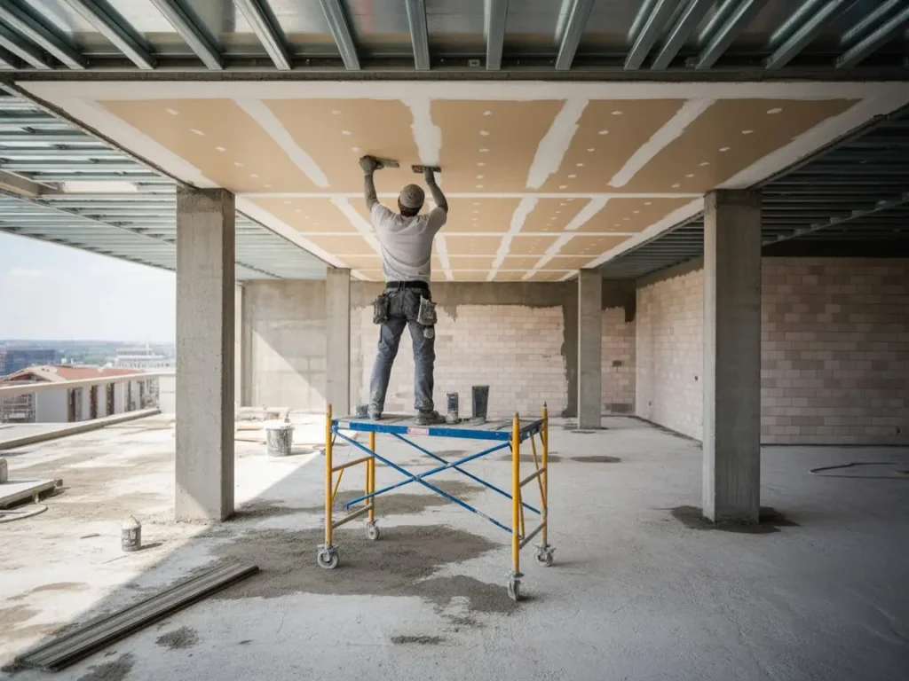 Instalación de falsos techos de pladur en obra interior con andamio y operario