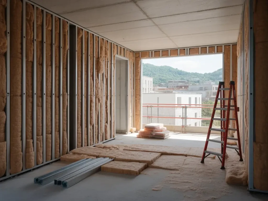 Instalación de tabiques de pladur en vivienda en obra con aislamiento interior visible