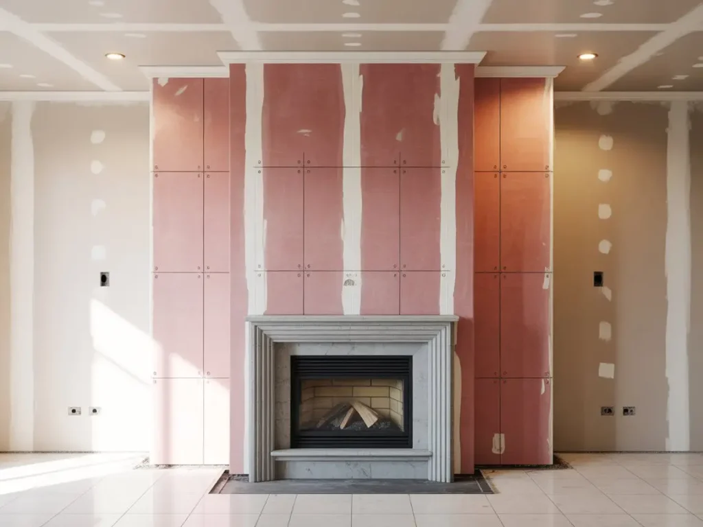 Muebles chimenea en pladur integrados en salón con revestimiento y estructura empotrada