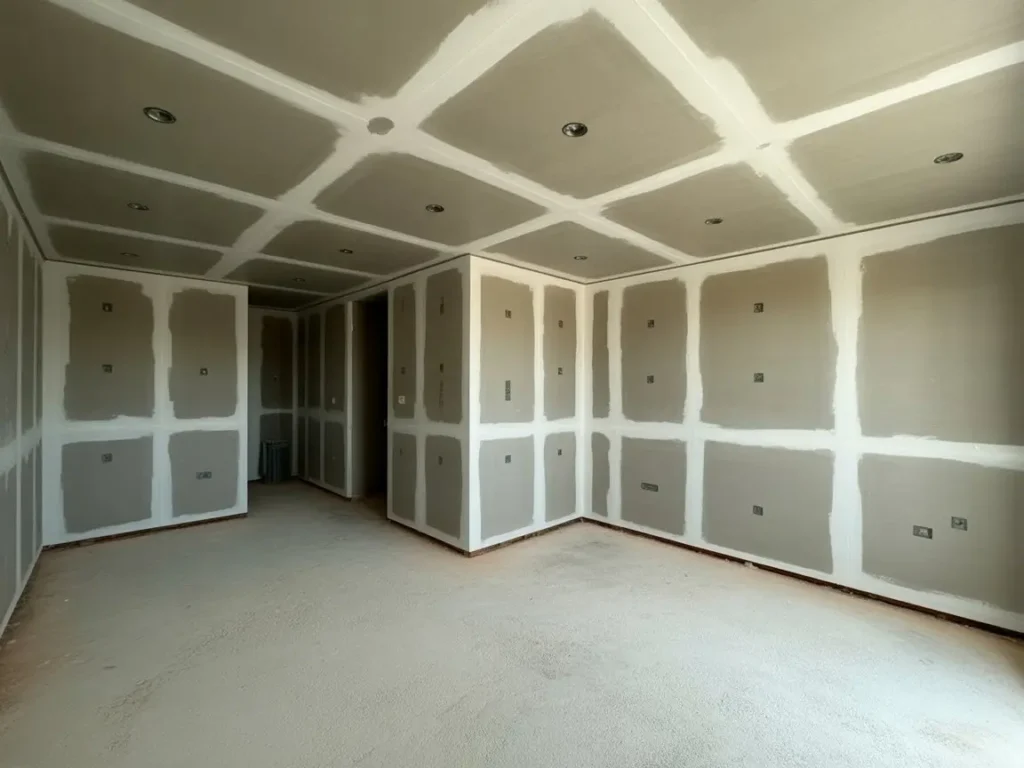 Proyecto construcción pladur trabajo con tabiques y techos interiores en fase de ejecución