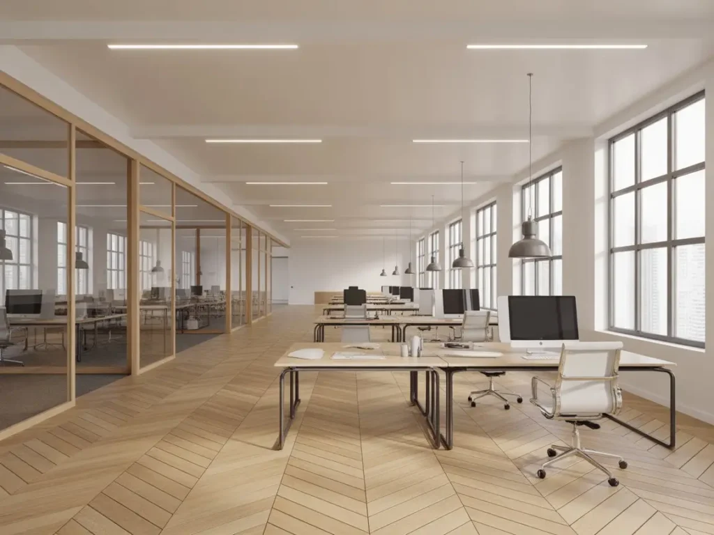 Reforma oficinas pladur Toledo con espacios de trabajo abiertos y divisiones interiores modernas