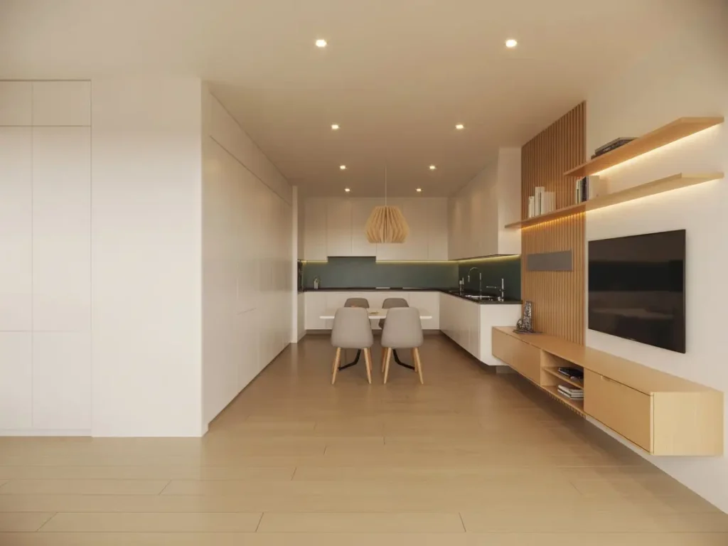 Reformas y trabajos en pladur a medida en salón moderno con cocina integrada