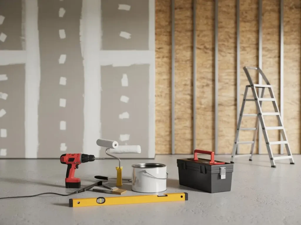Trasdosados de pladur para paredes con herramientas y estructura preparada en interior