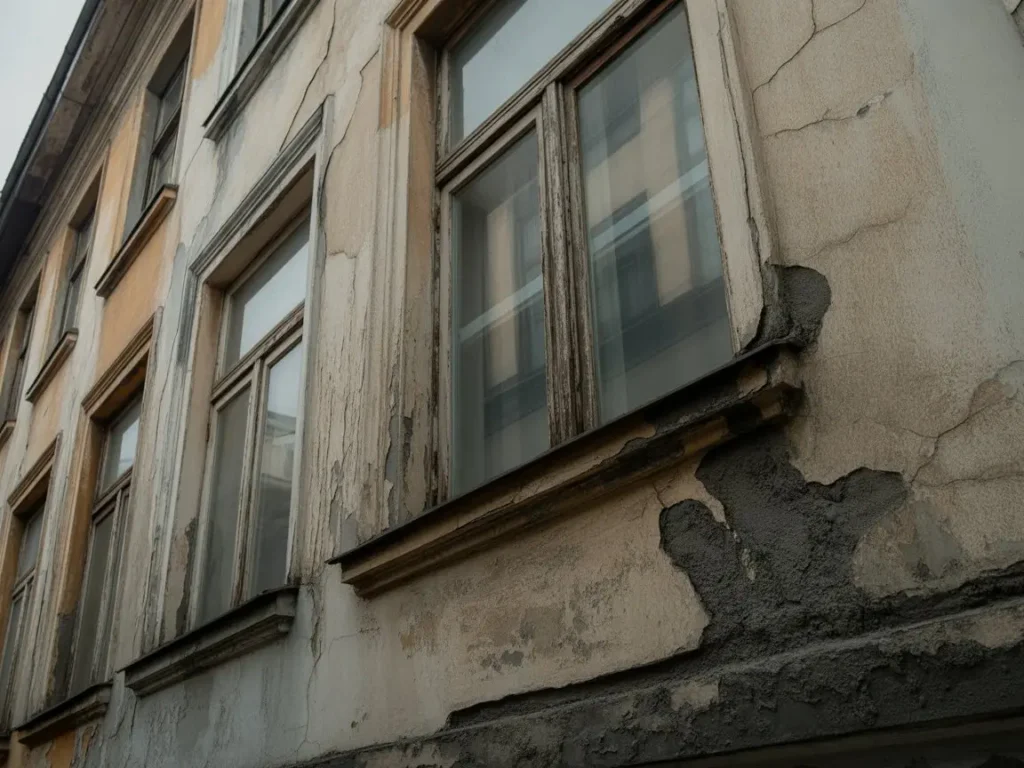Fachada antigua con aislamiento termico en muros frios o mal acabados visibles.