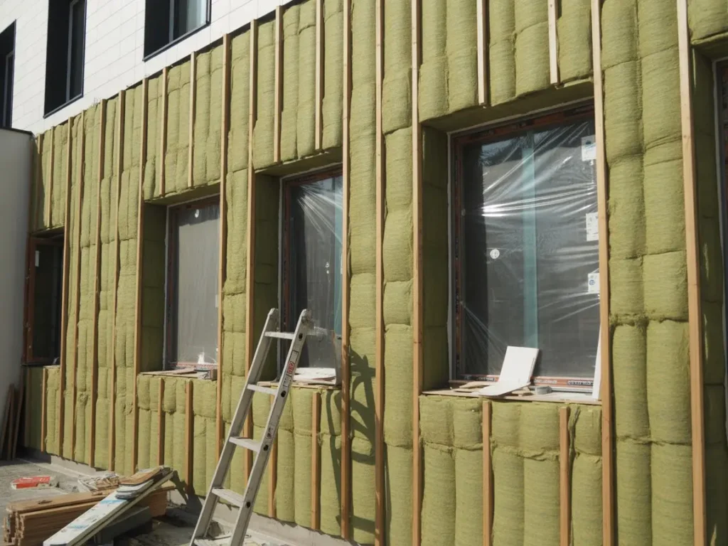 Sistema de aislamiento termico en paredes exteriores con paneles instalados alrededor de ventanas.