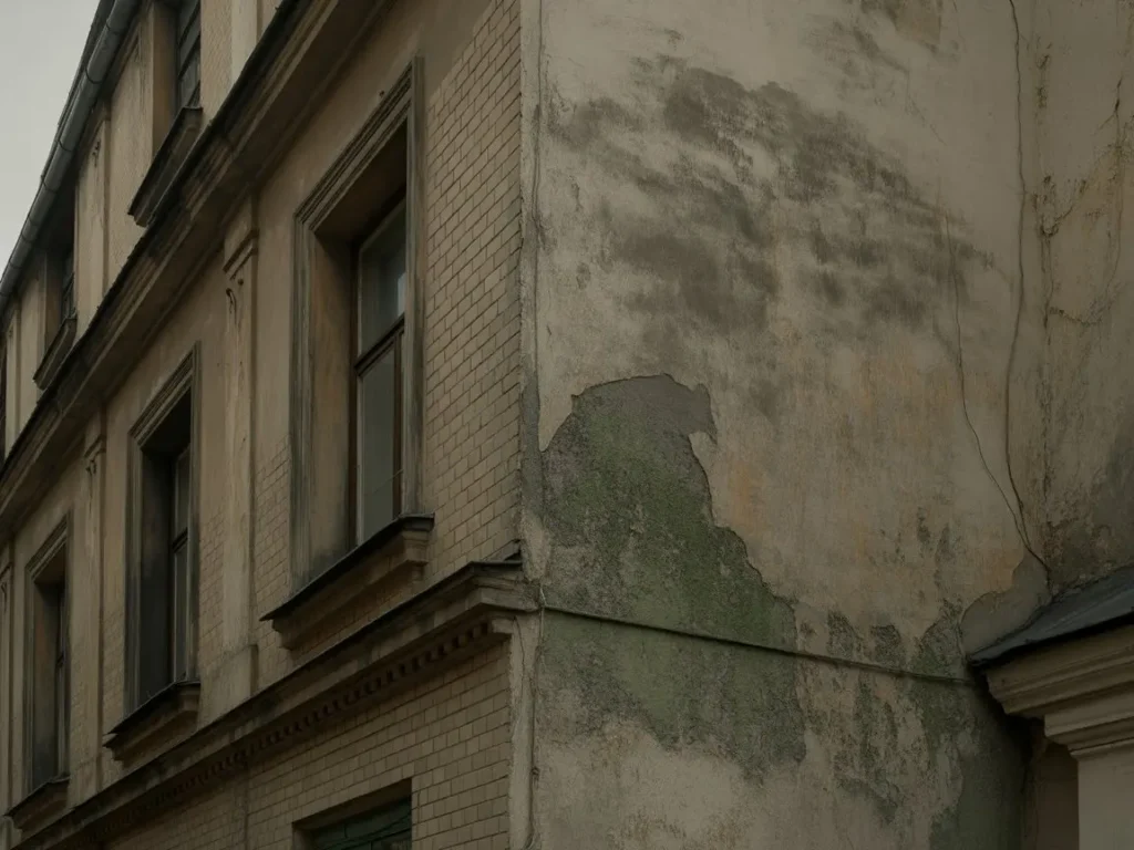 Fachada de edificio con muros irregulares y paredes desniveladas Toledo, yeso agrietado.