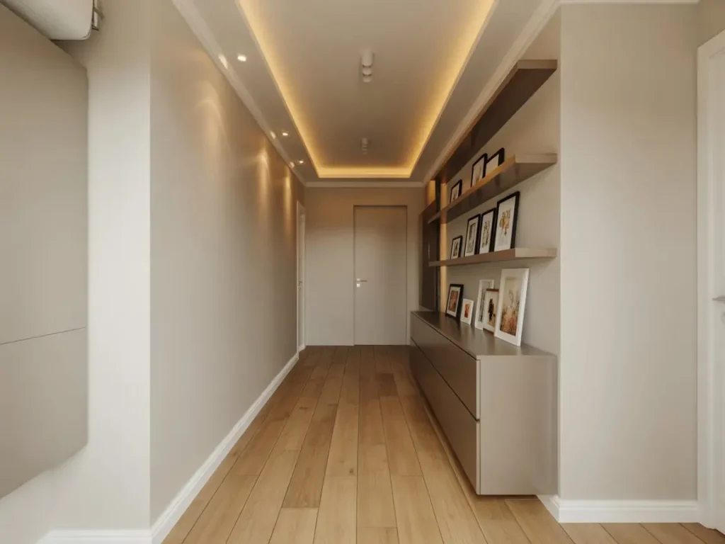 Reforma de pasillo en casa antigua con iluminacion integrada y mobiliario a medida