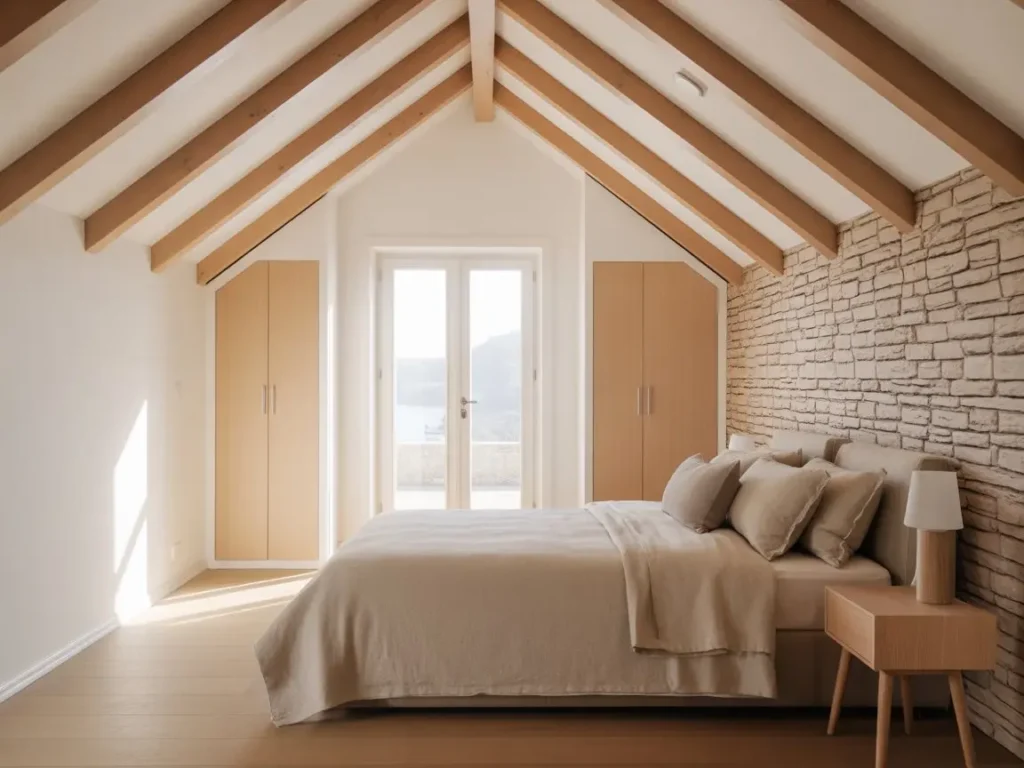 Reforma con pladur de habitacion con techo irregular y vigas vistas funcionales