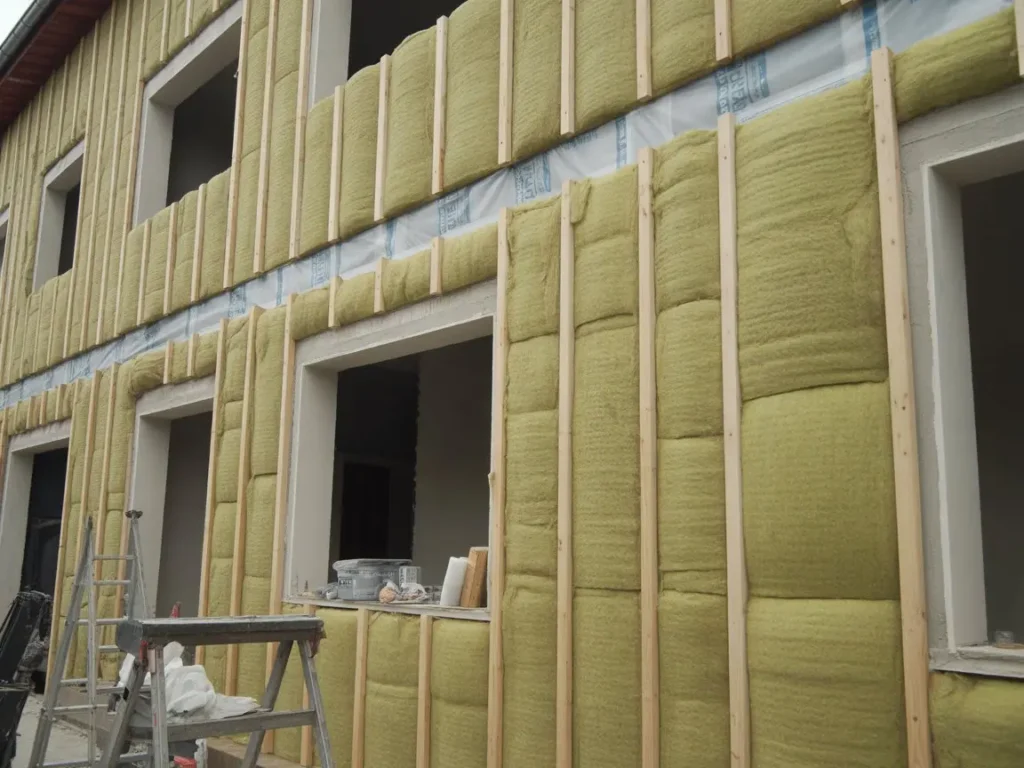 Trasdosado en muro de vivienda unifamiliar con aislamiento térmico exterior en fachada.