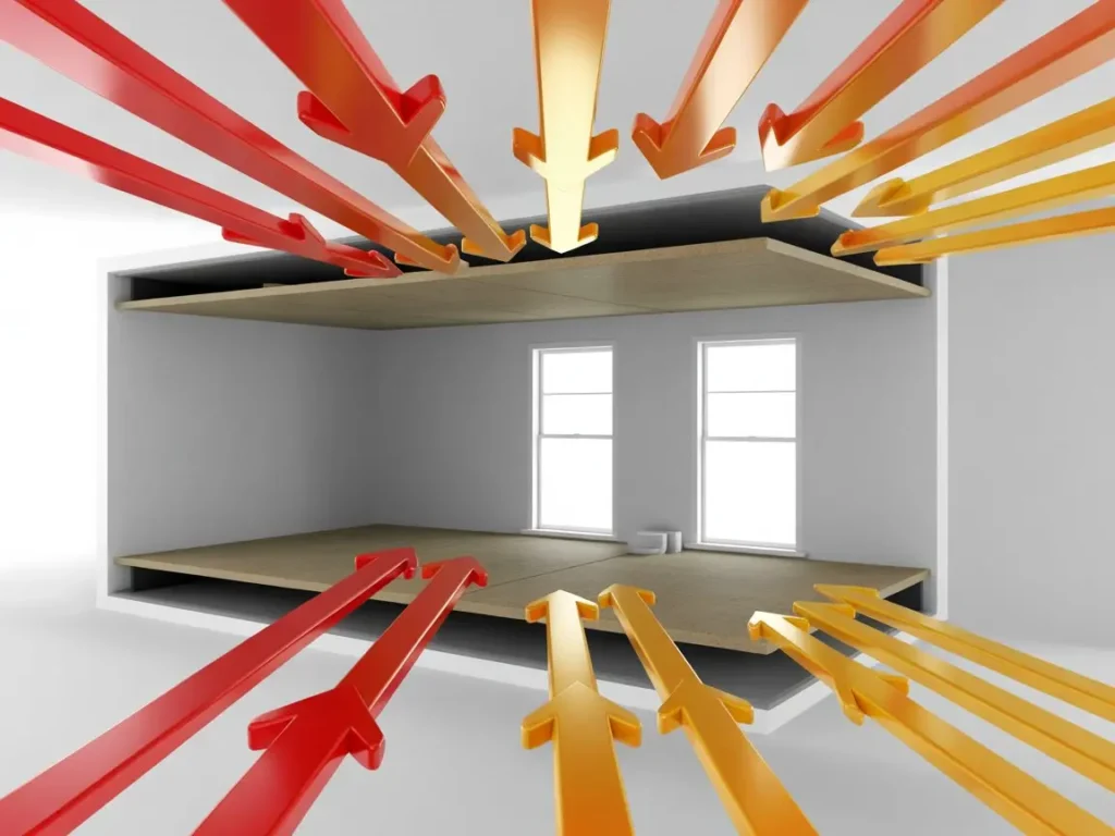 Esquema interior de viviendas con mala proteccion termica Toledo, pérdidas de calor visibles.