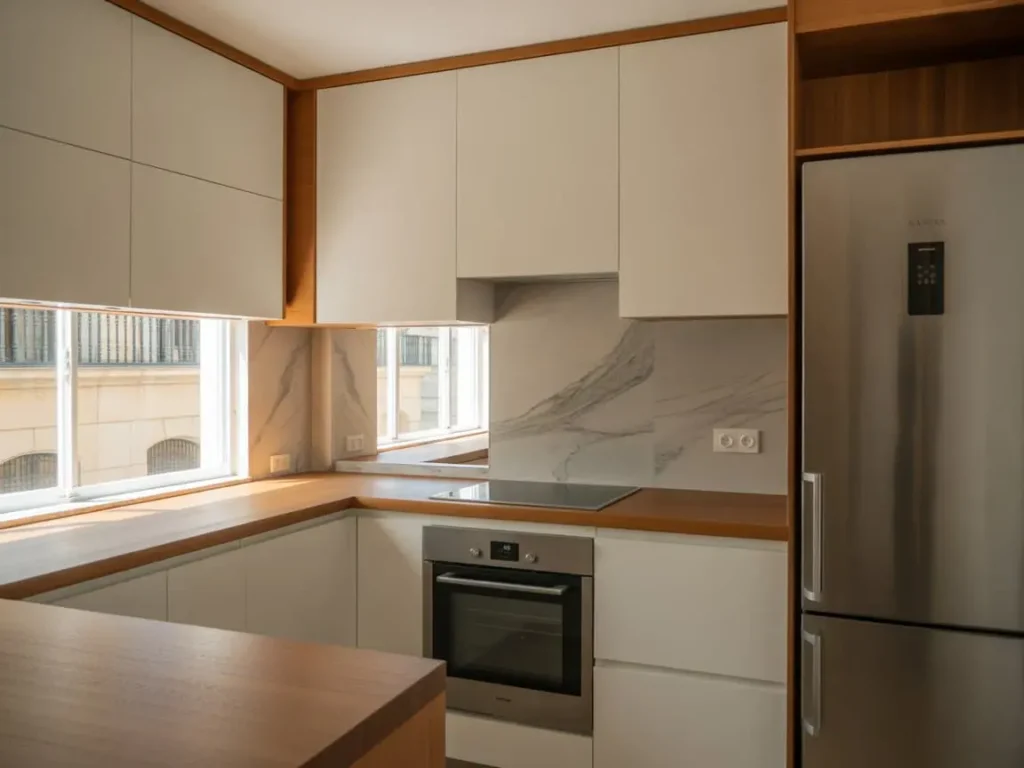 División de cocina y salón con pladur que separa espacios luminosos