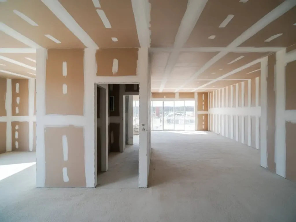 División del espacio mediante tabiques de pladur en interior diáfano en reforma