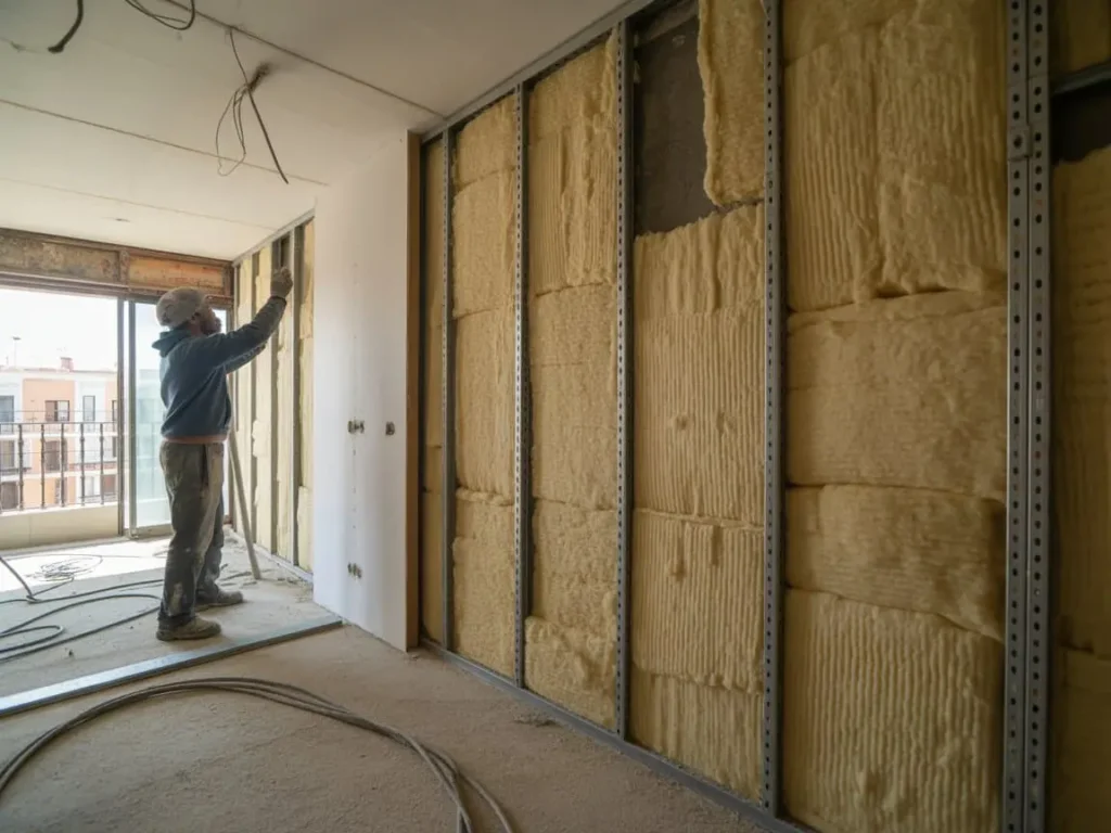 Instalación de tabiques con aislamiento termico en obra interior durante reforma de vivienda