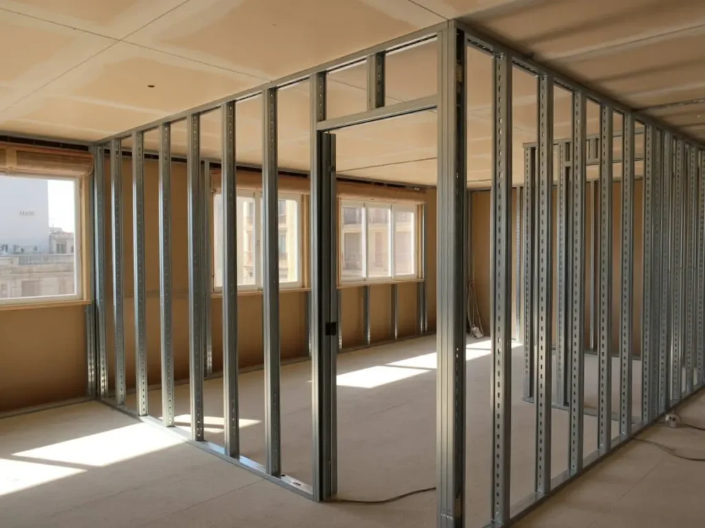 Estructura metálica de tabiques estandar para separación de ambientes en obra interior