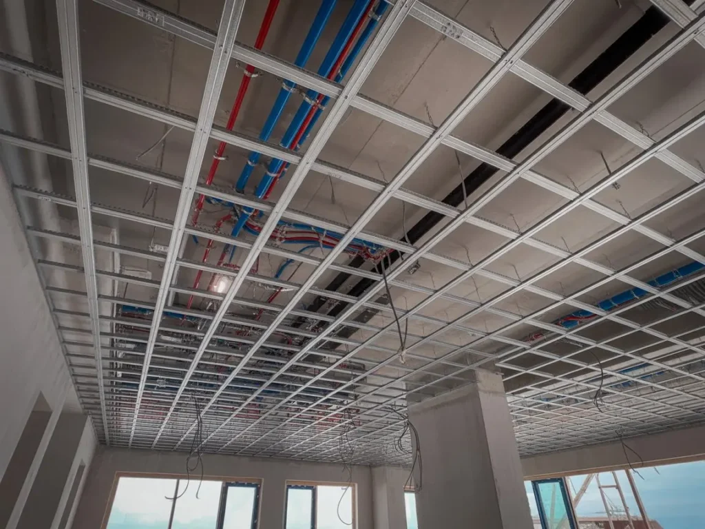 Estructura metalica para bajada de techo con pladur y canalizaciones visibles en obra