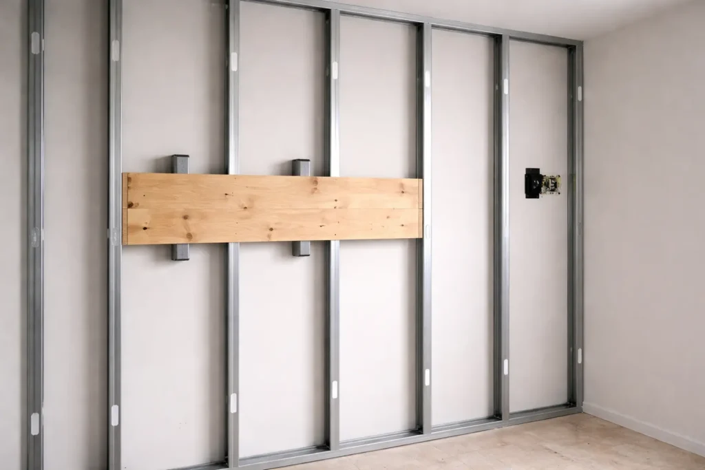 Estructura metálica de tabique con refuerzo de madera instalada por empresa de pladur especializada en refuerzos