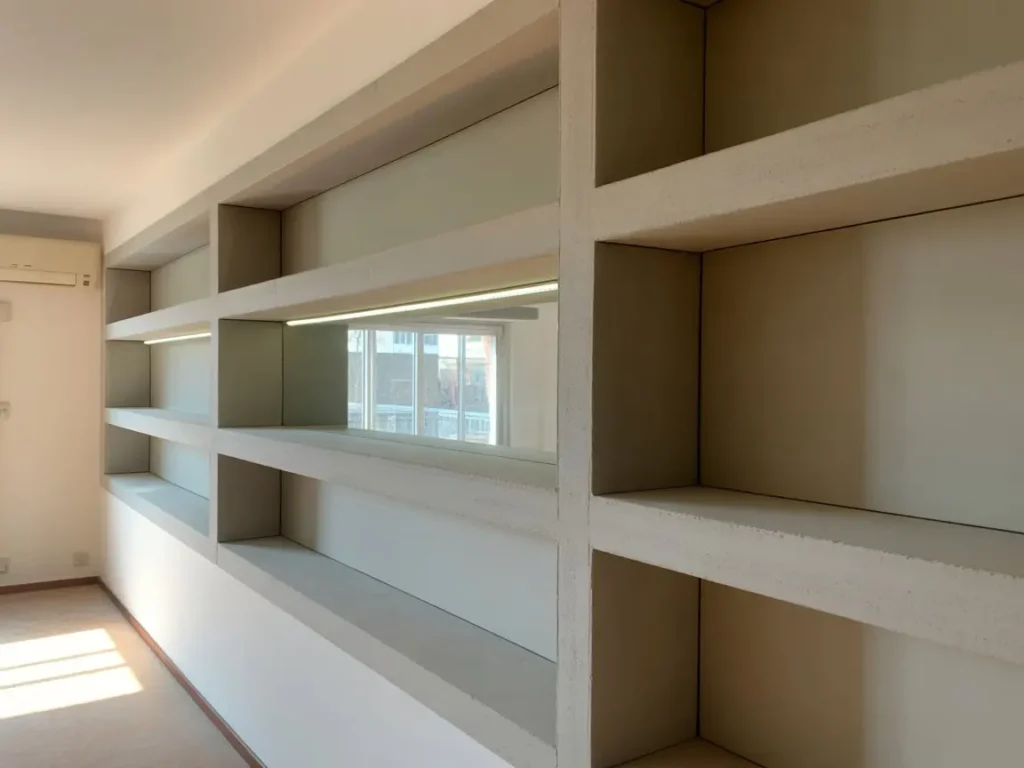 Libreria empotrada de pladur en Toledo integrada en pared blanca con baldas y ventana central