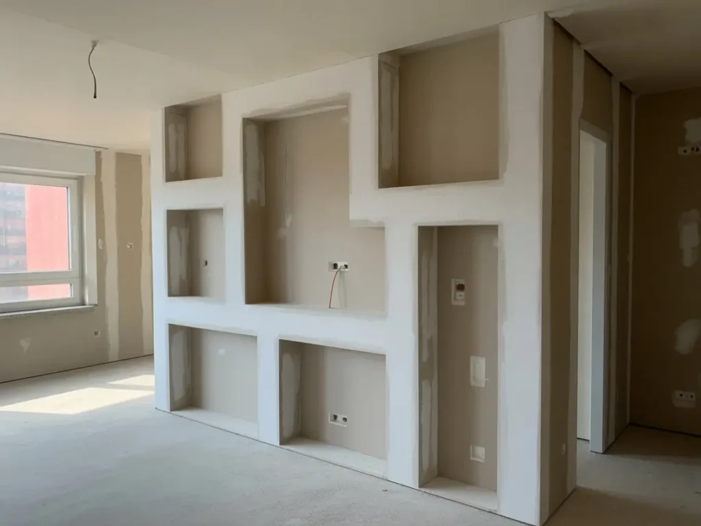 Mueble de pladur en salon con nichos rectangulares integrados en pared durante obra interior