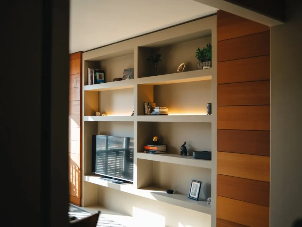 Muebles a medida de pladur en Toledo con estanterias iluminadas y espacio integrado para television