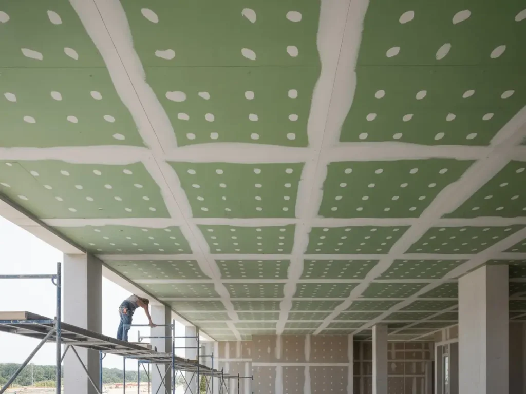 Instalación de techo de pladur en exterior con placas verdes y operario sobre andamio en Toledo